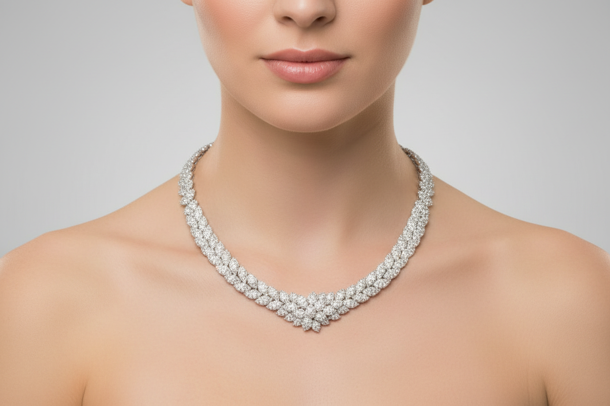 Collier in Oro Bianco Tempestato di Diamanti Modello Principesco