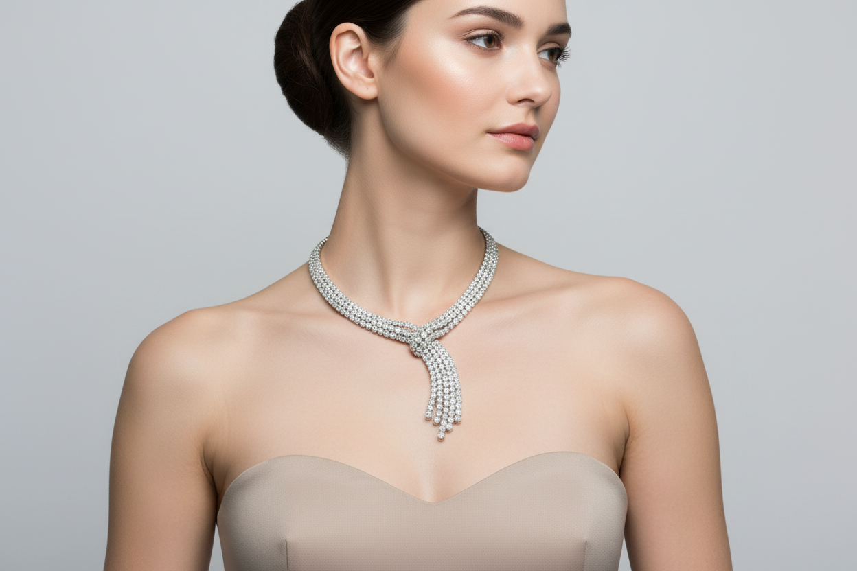 Collier in Oro Bianco a Mò di Sciarpa Tempestato di Diamanti