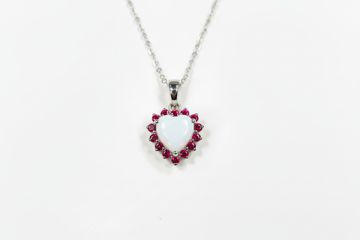 Ciondolo con pietra di latte materno a forma di cuore e giro di rubini