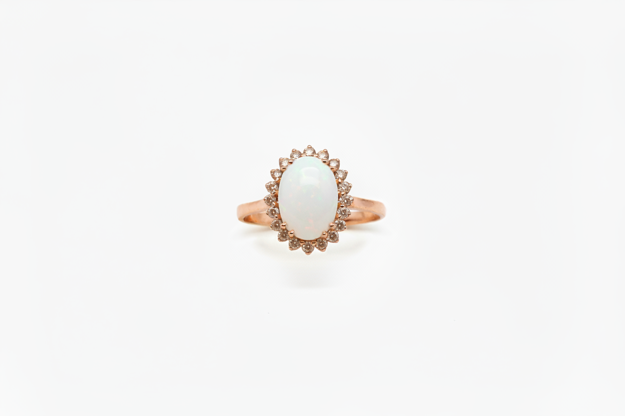 Anello con Pietra di Latte Materno a forma Ovale e Giro di Diamanti brown in Oro Rosa 18 Carati